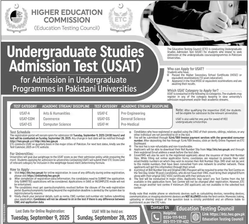 HEC Announces USAT Test for Admission in Universities